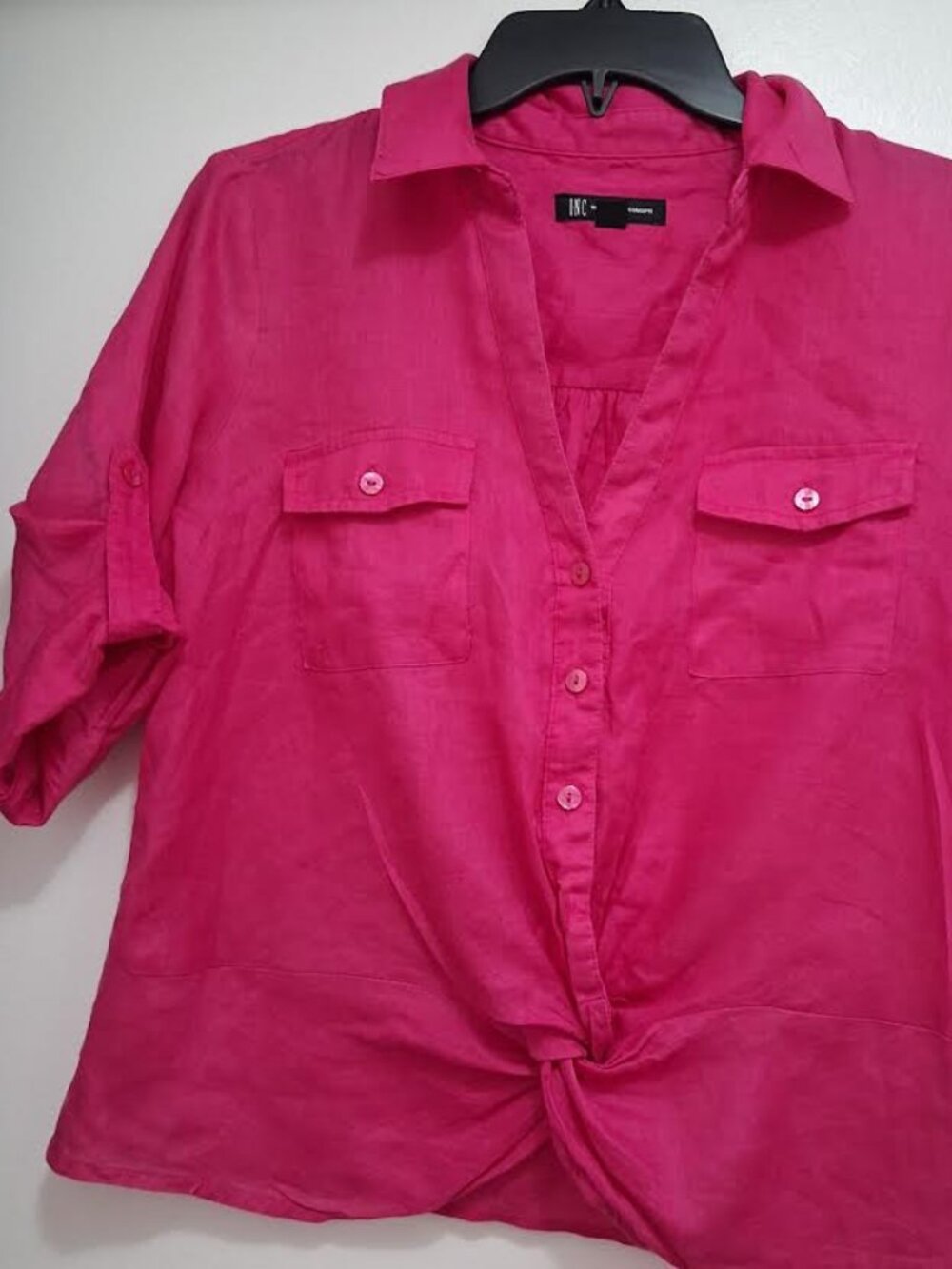 INC Bright Pink 100% Linen Short Sleeve Button Up Shirt Top Front Tie Small